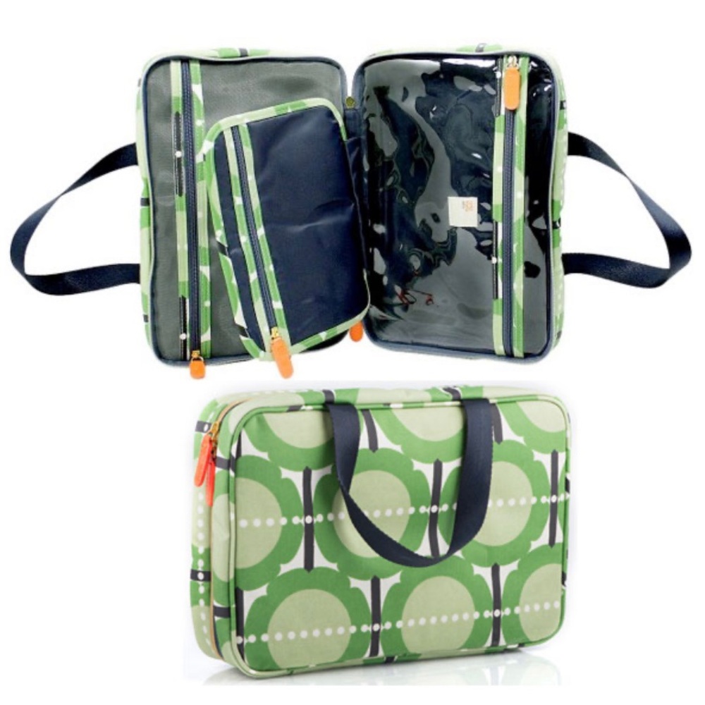 Orla Kiely Green Graphic Print Cosmetic Travel Case with Navy Accents